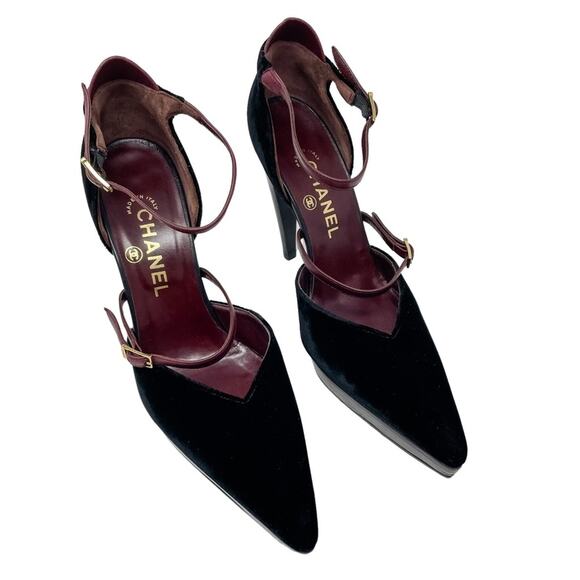 Chanel Vintage Point Toe d’Orsay Velvet & Wood Platform High Heels size 38/US 7 - Picture 2 of 14
